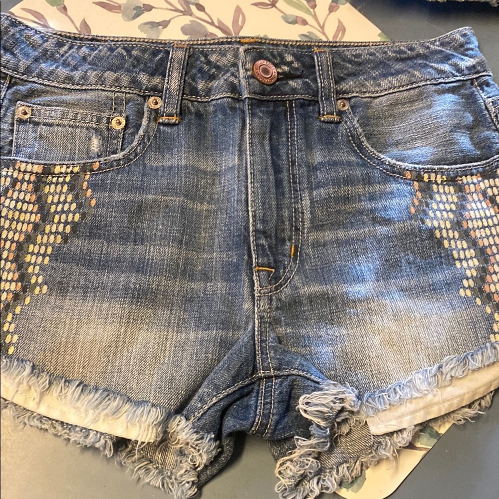 American Eagle Outfitters Blue Jean Shorts with Distressed Details